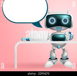 Robot character dialog vector background design. Robotic 3d character with speech bubble for modern cyborg technology communication design. Stock Vector