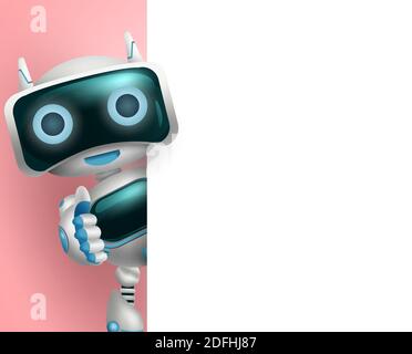 Robot 3d character vector background template. Robotic character showing empty white board element with space for presentation artificial intelligence. Stock Vector