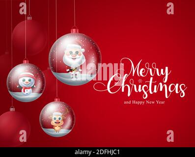 Christmas crystal ball character vector background design. Merry christmas greeting text with characters like santa claus and snow man crystal ball. Stock Vector
