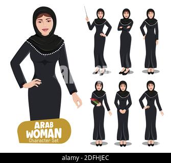 Arab woman teacher vector characters set. Saudi arabian female character teaching in friendly and surprise facial expression for lady arabic cartoon. Stock Vector