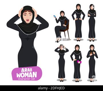 Arab woman vector characters set. Arabian female character in shocked, angry and happy facial expression for arabic lady cartoon collection design. Stock Vector