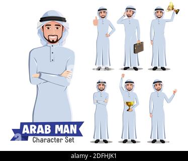 Arab man boss vector character set. Arabian male manager character in confident pose and gesture isolated in white background for arabic businessman. Stock Vector