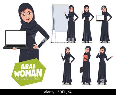Arab woman character teacher vector set. Arabian female characters in teaching and presenting pose and gesture for arabic lady instructor cartoon. Stock Vector