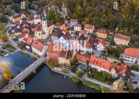 Image of an aerial view with a drone of the city view of the market Kallmünz Kallmuenz in Bavaria and the bridge over the rivers Naab and Vils and the Stock Photo