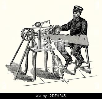 An old engraving of saw-filing machine. It is from a Victorian mechanical engineering book of the 1880s. This filing machine is belt driven. A rotating grinding wheel can be adjusted by the worker to meet the saw at the correct angle. A file is used to remove fine amounts of material from a tool to keep it sharp. A saw filer or saw doctor is a tradesperson who maintains and repairs saws. It requires a high degree of skill. Levelling, tensioning and benching are three of the techniques employed.