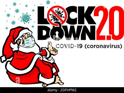 Santa Claus wear face mask sits surrounded by coronavirus bacteria and points to lockdown 2.0. Christmas quarantine vector Stock Vector