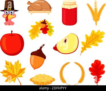 Colorful thanksgiving element set. Festive autumn party icons. Fall themed vector illustration for logo, poster, postcard or invitation card decor Stock Vector