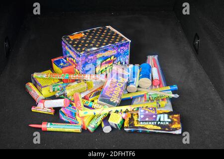 Fireworks in car boot Stock Photo