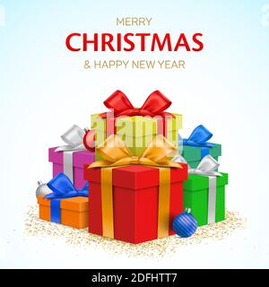 Christmas greeting card with colorful gift boxes, Stock Vector