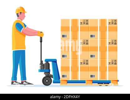 Hand pallet truck with cardboard box and mover isolated on white. Pallet jack full of carton boxes. Delivery packaging closed container with fragile signs. Vector illustration in flat style Stock Vector