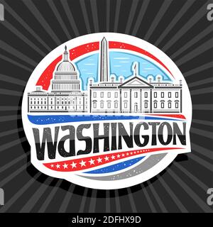 Vector logo for Washington, decorative badge with illustration of famous washington city scape on day sky background, art design tourist fridge magnet Stock Vector