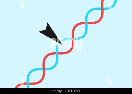 Error of DNA - Double helix is damaged and broken by alien and extraneous object. Deformation, mutation and degradation of replicated sequence of DNA. Stock Photo