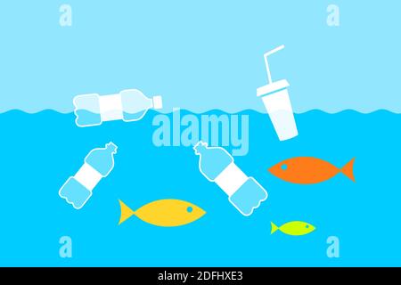 Plastic bottles are floating in polluted and contaminated water. Pollution of river, sea and ocean by rubbish, waste and refuse. Environmental and eco Stock Photo