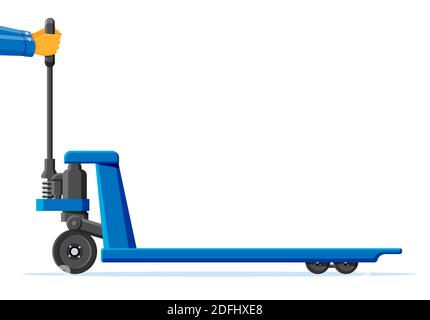 Hand pallet jack lift isolated on white. Empty hand pallet truck. Red cargo cart or forklift. Delivery, logistic and shipping cargo. Flat vector illustration Stock Vector
