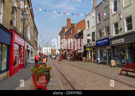 General view up Bridge Street towards Market Place in Newark-on-Trent, Nottinghamshire, UK. Stock Photo