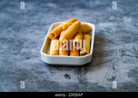 Krumkake. Czech Pirouette Cookies (Parizske Pecivo). Made with a Batter-like Dough Similar to Pancake Batter, Wafer Cookies Exist. Ready to Eat and Se Stock Photo