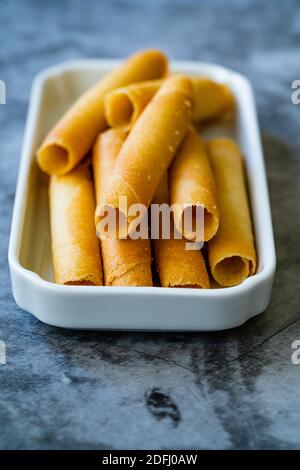 Krumkake. Czech Pirouette Cookies (Parizske Pecivo). Made with a Batter-like Dough Similar to Pancake Batter, Wafer Cookies Exist. Ready to Eat and Se Stock Photo