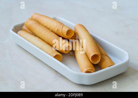 Krumkake. Czech Pirouette Cookies (Parizske Pecivo). Made with a Batter-like Dough Similar to Pancake Batter, Wafer Cookies Exist. Ready to Eat and Se Stock Photo