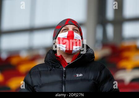 Brentford Community Stadium, London, UK. 5th Dec, 2020. English Football League Championship Football, Brentford FC versus Blackburn Rovers; Brentford fan wearing an England face mask seeing inside of Brentford Community Stadium for the first time Credit: Action Plus Sports/Alamy Live News Stock Photo