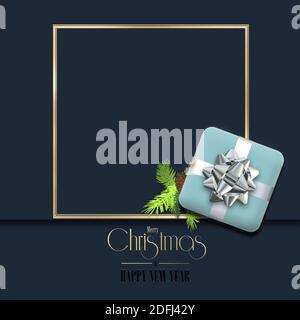 Christmas symbols ornament in blue with realistic blue Xmas gif box, Xmas fir branches on blue black background. Place for text. 3D illustration Stock Photo