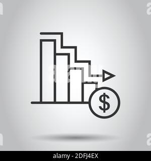 Market trend icon in flat style. Decline arrow with magnifier vector illustration on white isolated background. Decrease business concept. Stock Vector