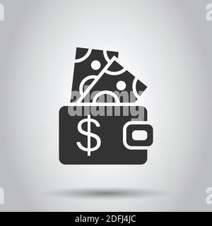 Wallet with dollar icon in flat style. Purse vector illustration on white isolated background. Finance bag business concept. Stock Vector