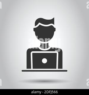 People with laptop computer icon in flat style. Pc user vector illustration on white isolated background. Office manager business concept. Stock Vector
