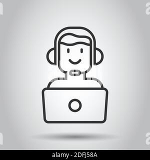 Helpdesk icon in flat style. Headphone vector illustration on white isolated background. Chat operator with laptop business concept. Stock Vector