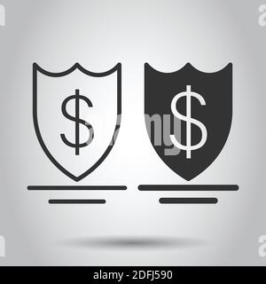 Shield with money icon in flat style. Cash protection vector illustration on white isolated background. Banking business concept. Stock Vector