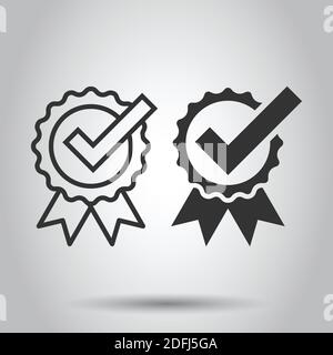 Winner with check mark icon in flat style. Rosette award vector illustration on white isolated background. Medal business concept. Stock Vector