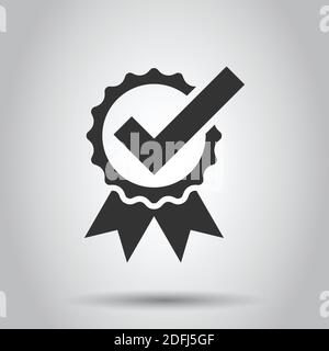 Winner with check mark icon in flat style. Rosette award vector illustration on white isolated background. Medal business concept. Stock Vector