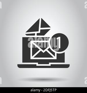 Laptop with email icon in flat style. Mail notification vector illustration on white isolated background. Envelope with message business concept. Stock Vector