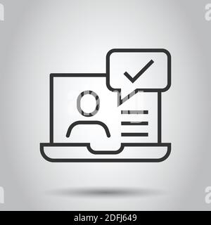People with laptop computer icon in flat style. Pc user check mark vector illustration on white isolated background. Office manager business concept. Stock Vector