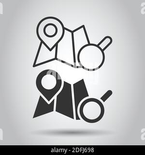 Map with magnifier icon in flat style. Gps navigation vector illustration on white isolated background. Locate position business concept. Stock Vector