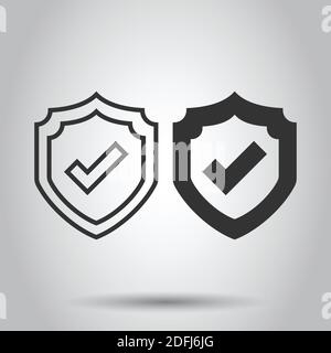 Shield with check mark icon in flat style. Protect vector illustration on white isolated background. Checkmark guard business concept. Stock Vector
