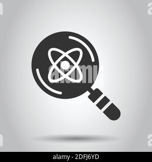 Science magnifier icon in flat style. Virus search vector illustration on white isolated background. Chemistry dna business concept. Stock Vector