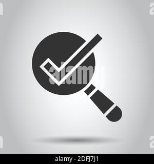 Check mark with magnifying glass icon in flat style. Loupe accept vector illustration on white isolated background. Search checklist business concept. Stock Vector