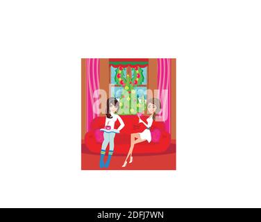 two girls are drinking coffee on Christmas evening Stock Vector
