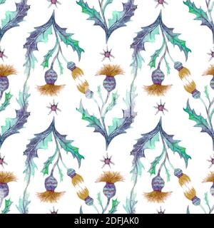 Seamless pattern with wildflowers and leaves on white background. Floral pattern for Wallpaper or fabric. Watercolor illustration. Stock Photo