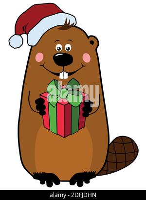 Funny cartoon Christmas beaver in Santa hat with gift box Stock Vector