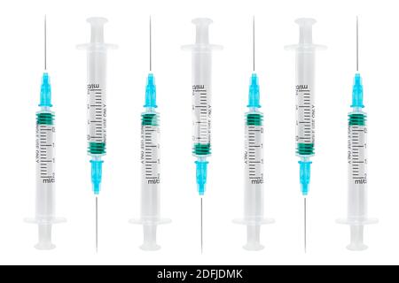 Set empty syringe close up isolated on white background. Vaccine plastic hypodermic syringe. Close-up of medical syringe. Syringe for injection and va Stock Photo