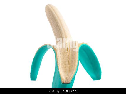 Abstract blue half peeled banana isolated on white background. Ripe open banana Isolated. Banana fruit isolated on white background. Banana fruit clos Stock Photo