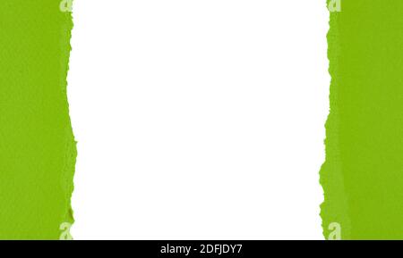 Green torn paper with rolled edge with blank space. Torn paper with white copy space. Empty space for your message. Two pieces of torn paper with open Stock Photo