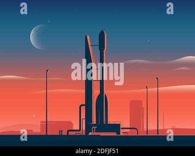 Vector illustration of a rocket spaceship at sunset preparing for launch Stock Vector