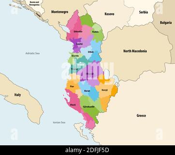 Albania administrative divisions (distrcts) of colored by counties vector map with neighbouring countries and territories Stock Vector