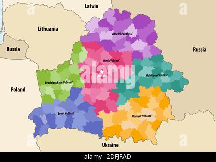 Vector map of Belarus regions colored by administrative districts with neighbouring countries and territories Stock Vector