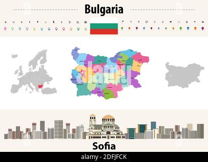 map of Bulgaria provinces with capital cities. Sofia cityscape. Bulgaria flag. Vector Stock Vector