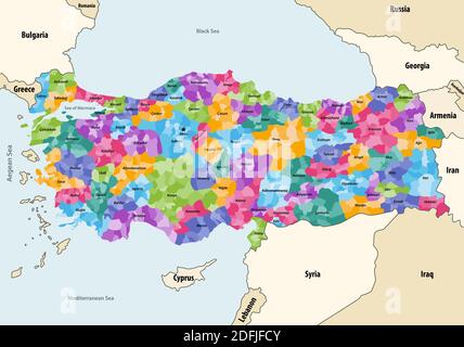 Turkey distrcts colored by provinces vector map with neighbouring countries and territories Stock Vector