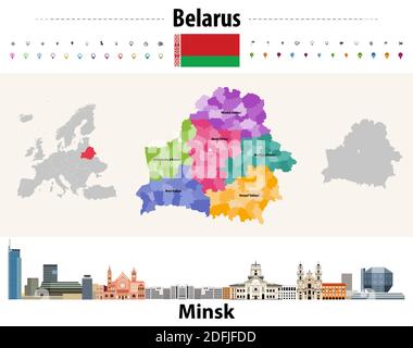 Belarus administrative divisions map. Flag of Belarus. Minsk cityscape. Vector illustration Stock Vector