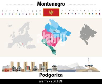 Montenegro administrative divisions map. Flag of Montenegro. Podgorica cityscape. Vector illustration Stock Vector